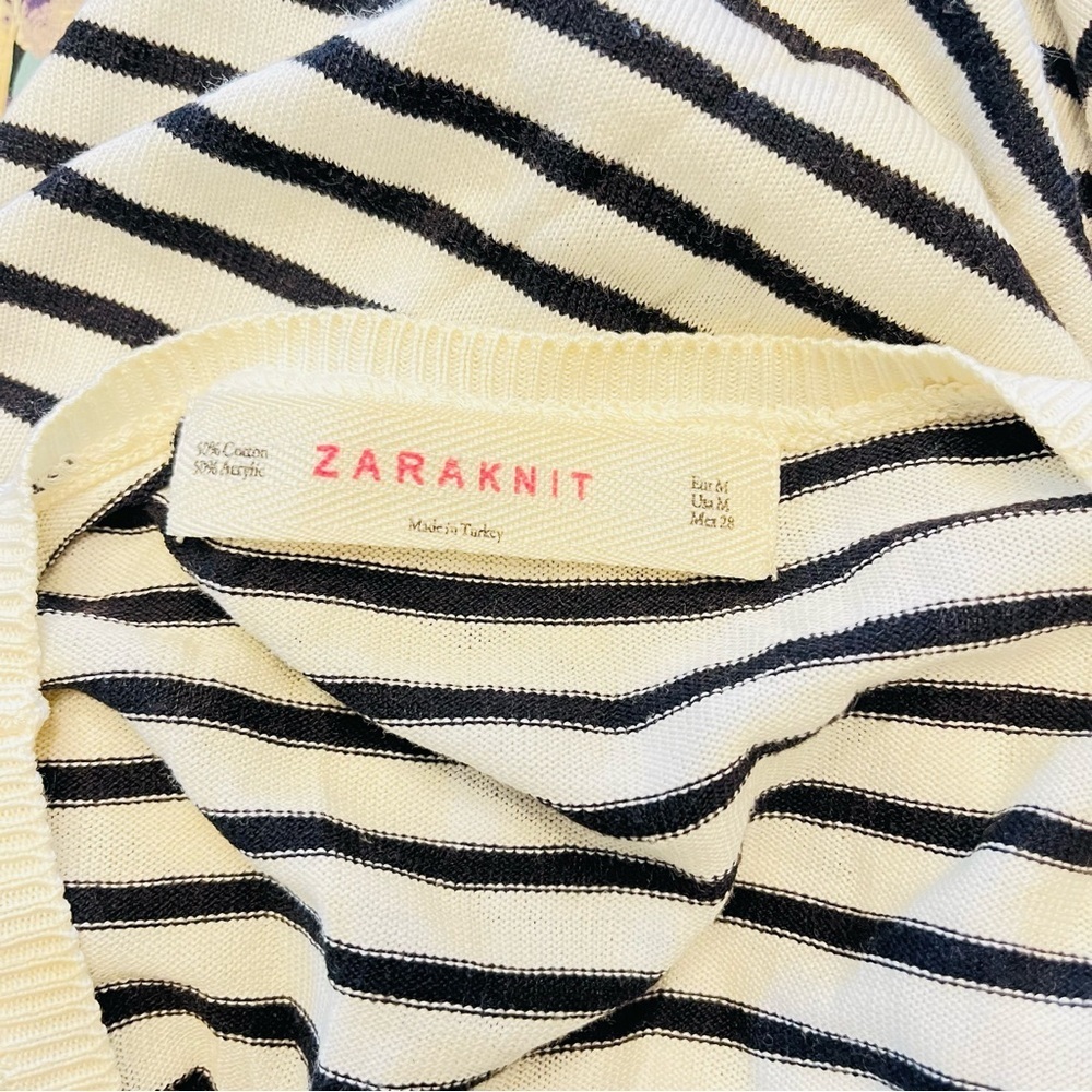 Zara Knit Striped Sweater Black White Elbow Patch Medium Casual Nautical - Picture 5 of 5
